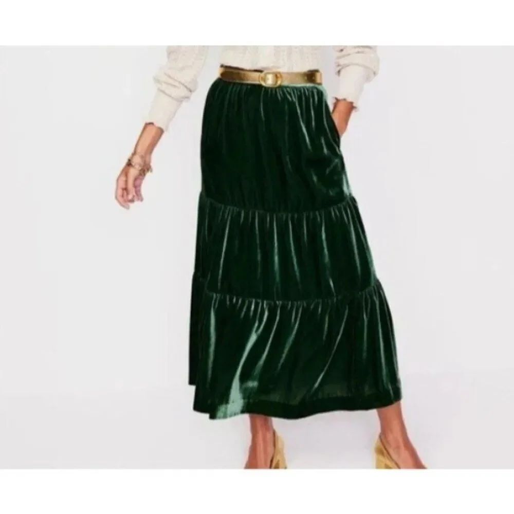 Boden Womens Midi Viv Skirt UK 8 US 4 Green Velvet Tiered Holiday R0671 NWT